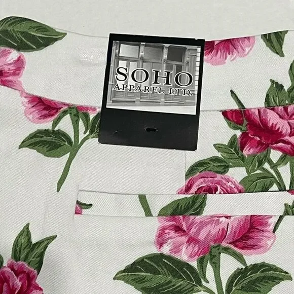 SOHO Apparel LTD Floral Print Shorts High Waisted White Pink Rose Size 8 - Picture 2 of 12